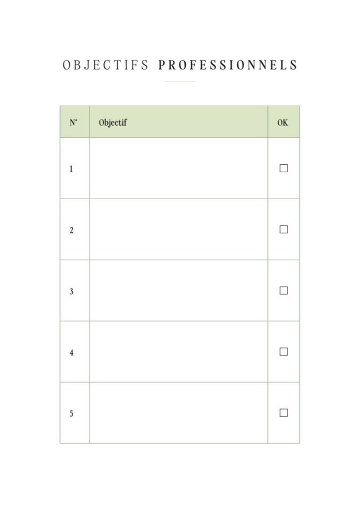 Objectifs professionnels – Pack de 5 pages