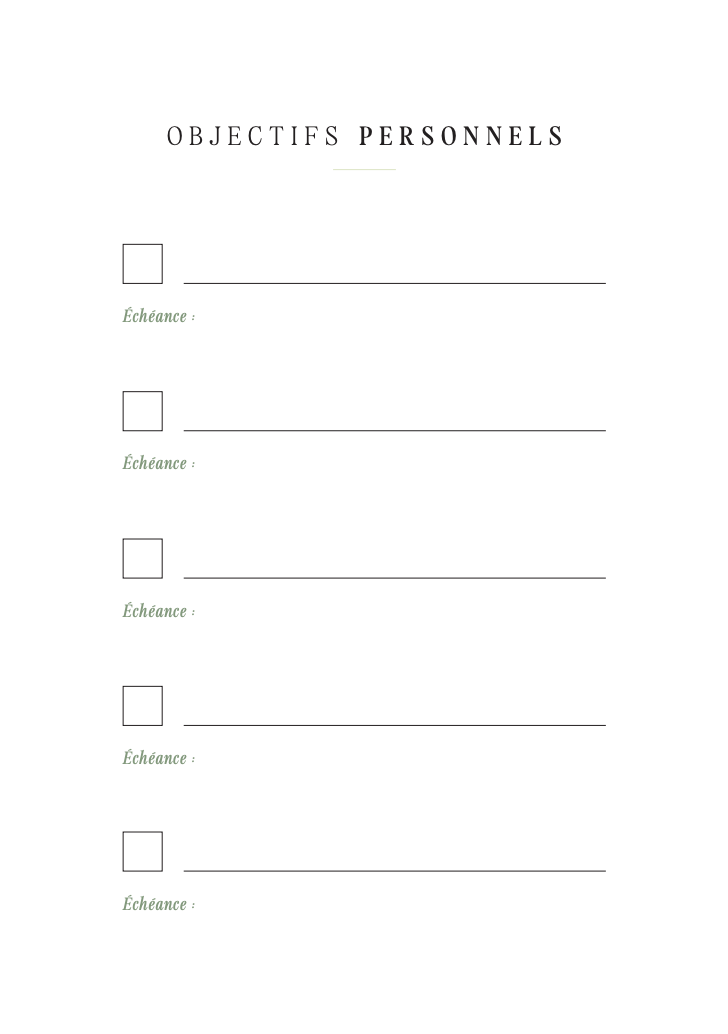 Objectifs personnels – Pack de 5 pages