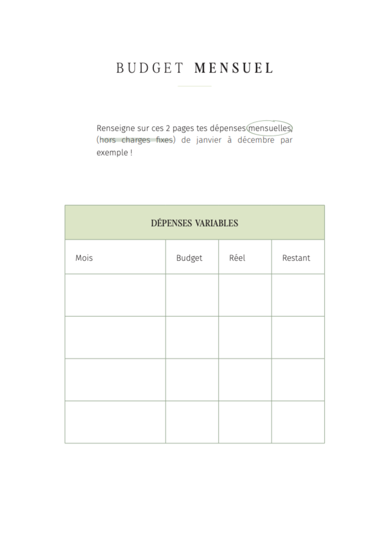 Budget mensuel – Pack de 5 pages